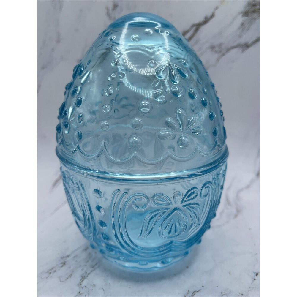 Blue Patterned Glass‎ Egg Shaped Lidded Trinket Jar